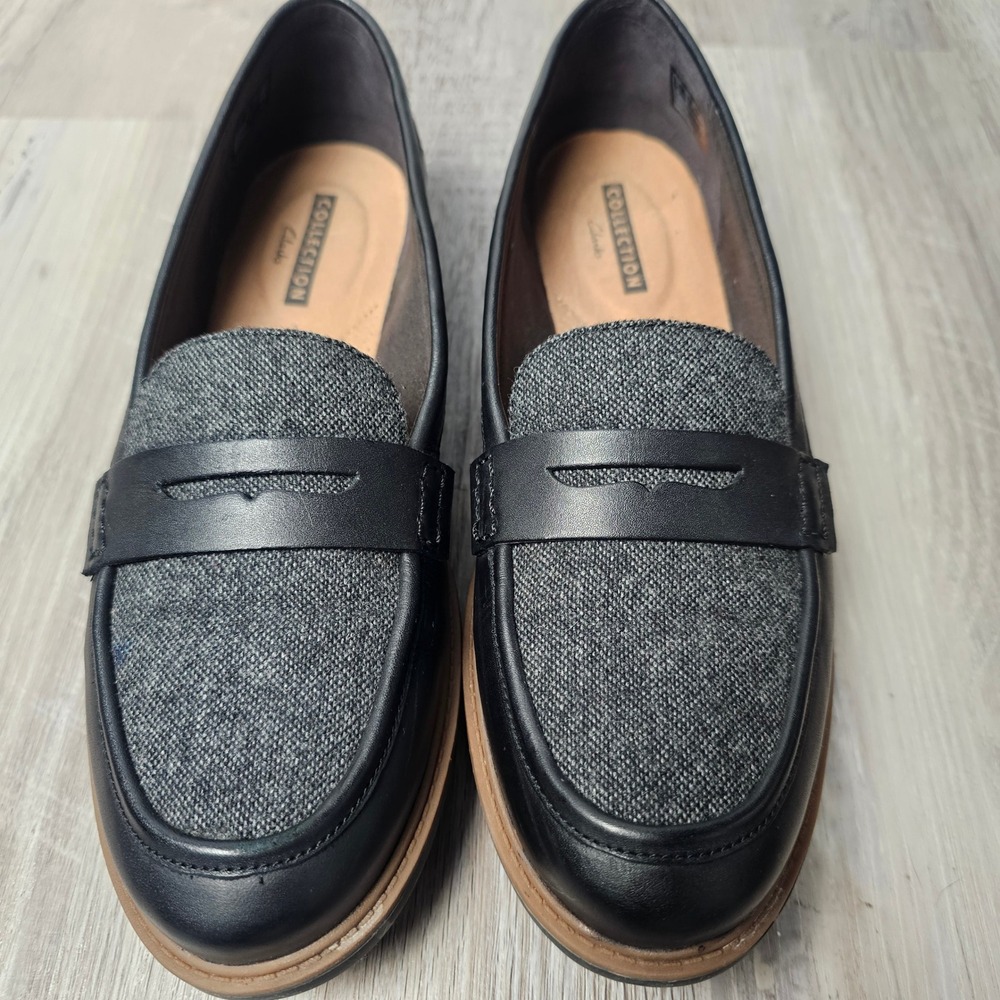 Clarks Raisie Eletta Womens Penny Loafers 10 Black Tweed Dark Academia 26130062